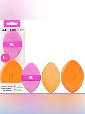 Real Techniques Pink and Orange 2-in-1 Makeup Puffs with Orange Travel Case